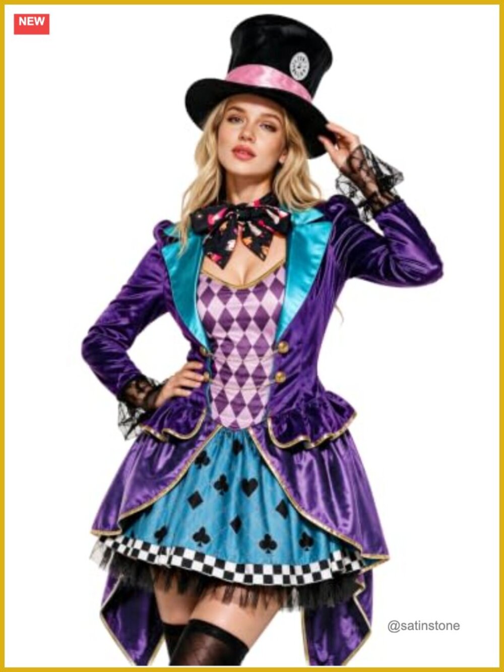 Mad Hatter Costume Women Velvet Dress with Top Hat Halloween Tea Party Outfit